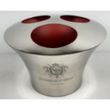 A large silver plated 3 bottle Champagne cooler with painted red interior. One side engraved with