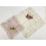 Two silk sweetheart handkerchiefs both edged with lace.