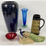 5 items of vintage ceramics and glass. To include 2 x West German pottery vases, an Orrefors blue