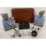 A collection of assorted vintage misc items to include brass inlaid ebonised box and leather