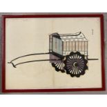 An antique hand coloured original Japanese woodblock print of a hand cart, from The Book of Royal