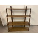 A Victorian fruitwood wall hanging shelf with decorative turned columns. Approx. 82.5cm tall x