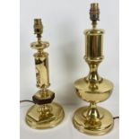 2 vintage heavy brass lamp bases, one with dark wood detail. Tallest approx. 43cm to top of fixing.