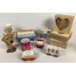 A box of assorted modern ceramic, wooden & resin collectables. To include a collection of ceramic