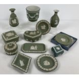 A collection of assorted green & white Wedgwood jasper ware ceramics. To include: pin dishes, lidded