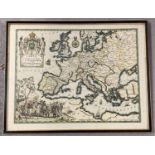 Framed & glazed hand coloured map of Europe & the French Empire in 1807. Featuring Napoleon and