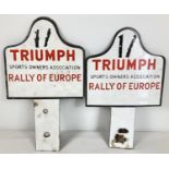 A pair of vintage enamel rally car signs as used by participants in the Triumph Sports Owners