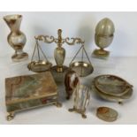 A collection of vintage onyx and brass desk items & ornaments. To include: egg shaped Japanese