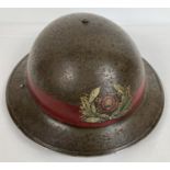 A WWII British MKII steel helmet and liner, 1939. With hand painted badge of the National Fire