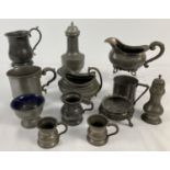 A collection of antique and vintage pewter items. To include tankards, jugs, cruets and salts.