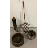 4 antique items. A leather boot (a/f) on a wooden boot last with slide out handle, a silver plated