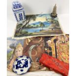 A collection of assorted vintage Oriental items to include ceramics & pictures. Lot includes: a