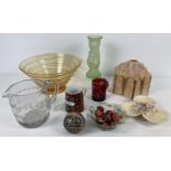 A collection of vintage glassware and ceramics. To include frosted green glass vase in the form of a
