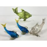 4 small vintage glass fish. Two blue and yellow Murano glass style together with a green glass and