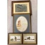 4 framed and glazed pictures. A watercolour of a windmill in sepia tones - signed Donald 1985, a