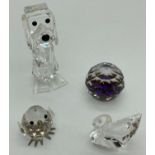 3 unboxed Swarovski crystal animal figures. A cubist style dog, a swan (a/f) and a small chick