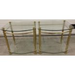 A pair of vintage 1980's occasional/side tables with gold coloured metal frames. Curve fronted glass