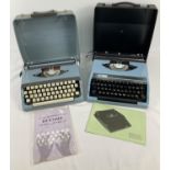 2 vintage portable typewriters with hard plastic handled carry cases. A Brother in blue/green colour