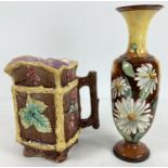 2 Victorian ceramic items, a hand painted vase together with a majolica jug. Vase with hand