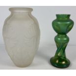 2 Art Nouveau glass vases. A frosted glass vase with classic Art Nouveau leaf and flower deign and a