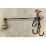 An antique W & T Avery Imperial 300 butchers balance beam scale with brass weight. Approx. 83cm