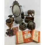 A box of vintage and antique metal ware and misc items. To include: copper chocolate pot, jelly