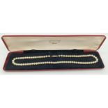 A boxed vintage pearl necklace, with silver clasp, set with marcasite stones. Approx. 16 inches