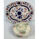 A Clarice Cliff lidded tureen in Sun dew pattern Together with a large Masons Ironstone pattern meat