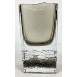 A vintage rectangular shaped heavy Art glass vase in smokey grey tone, possibly Whitefriars. Approx.