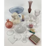 A collection of vintage and modern glass ware. To include: a blue glass cake stand, slimline