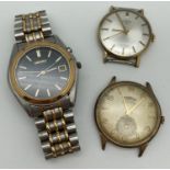 3 men's vintage wrist watches. A Seiko with bracelet strap, black face and date function, a Dogma