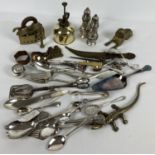 A collection of vintage silver plate and metal wear items. To include: cruet set, sugar spoons and