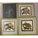3 Indian paintings on fabric of elephants together with a hand painted leaf. In matching gilt
