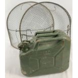 A green painted 10ltr "traffic" gerry can together with 2 vintage metal dome shaped fire guards.