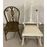 A vintage painted white wooden rocking chair with replacement seat, suitable project.