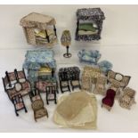 A box of assorted wire framed handmade dolls house furniture.