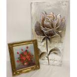 2 modern floral design oil paintings. A gilt framed oil on board Still life of red flowers.