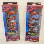2 boxed sets of Hotwheels Spider-Man cars by Majorette with 5 cars in each set.