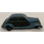 A 1940's blue rubber car by Lilo 0717 Toys. One wheel missing.