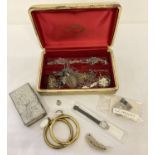 A vintage cream jewellery box and contents.