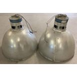 A pair of vintage Simplex lighting aluminium industrial pendant lightshades. Approx. 48cm diamete…