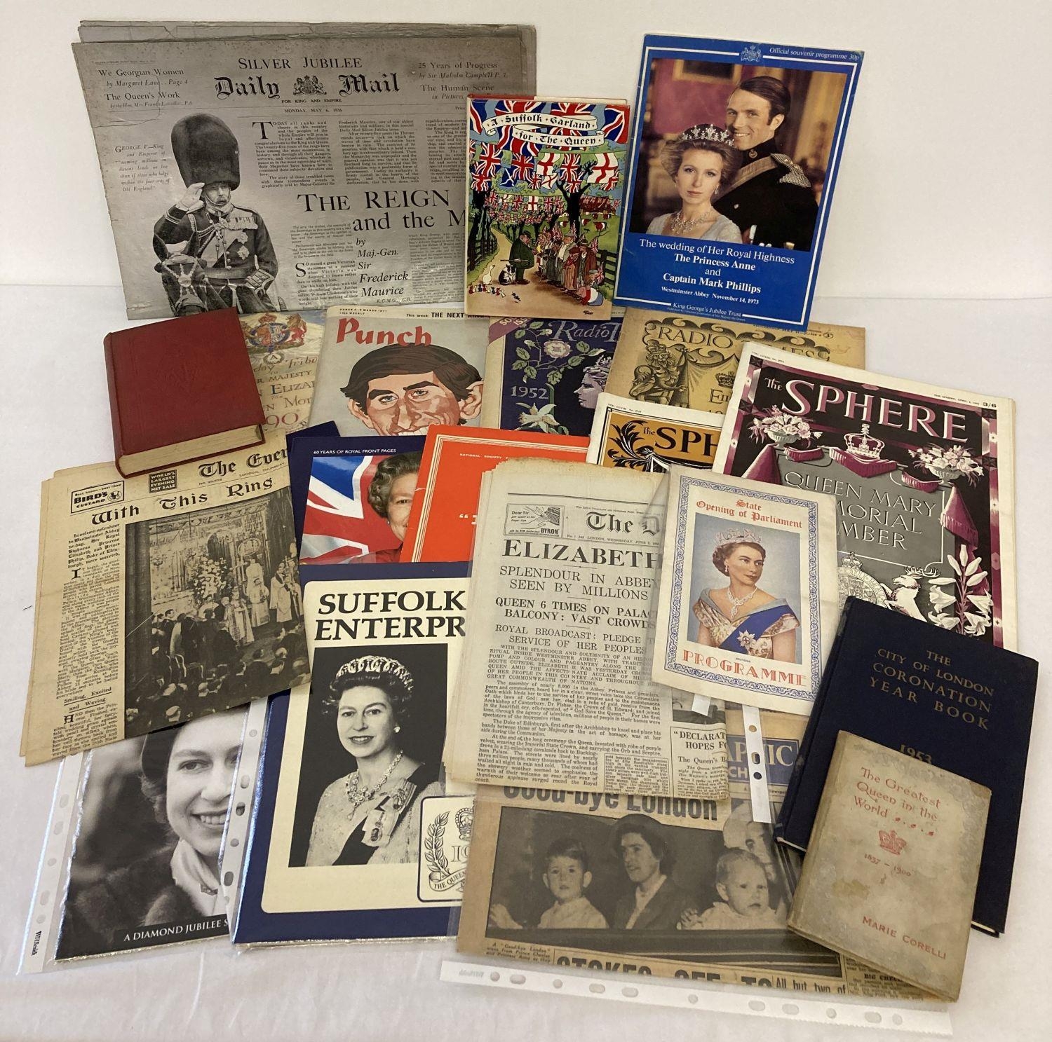 A box of assorted books & ephemera relating to The Royal Family. To include 1935 special silver c…