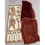2 vintage tables cloths to include chenille. Together with a linen wall hanging of an Egyptian fi…