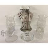 A collection of vintage and modern glassware to include rooster figurine & hurricane lamps. Lot a…
