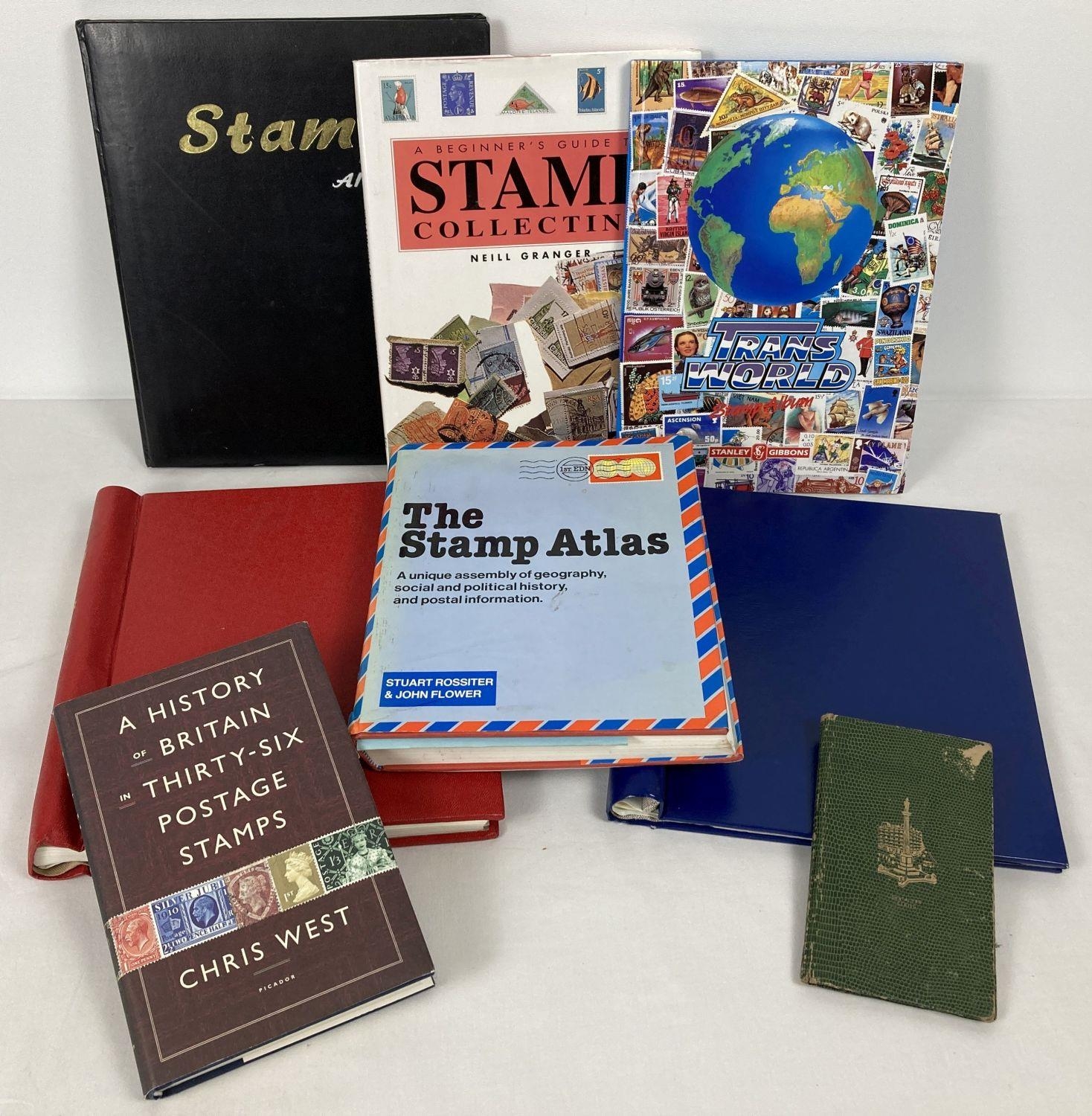 A box of vintage and modern stamp stock books and books relating to stamp collecting. To include …