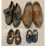 4 pairs of vintage leather & wooden shoes. Comprising: a pair of green leather golfing shoes with…