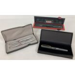 3 boxed ball point pens and pen sets. A Deft in a gunmetal grey brushed finish, a Rotring in gree…