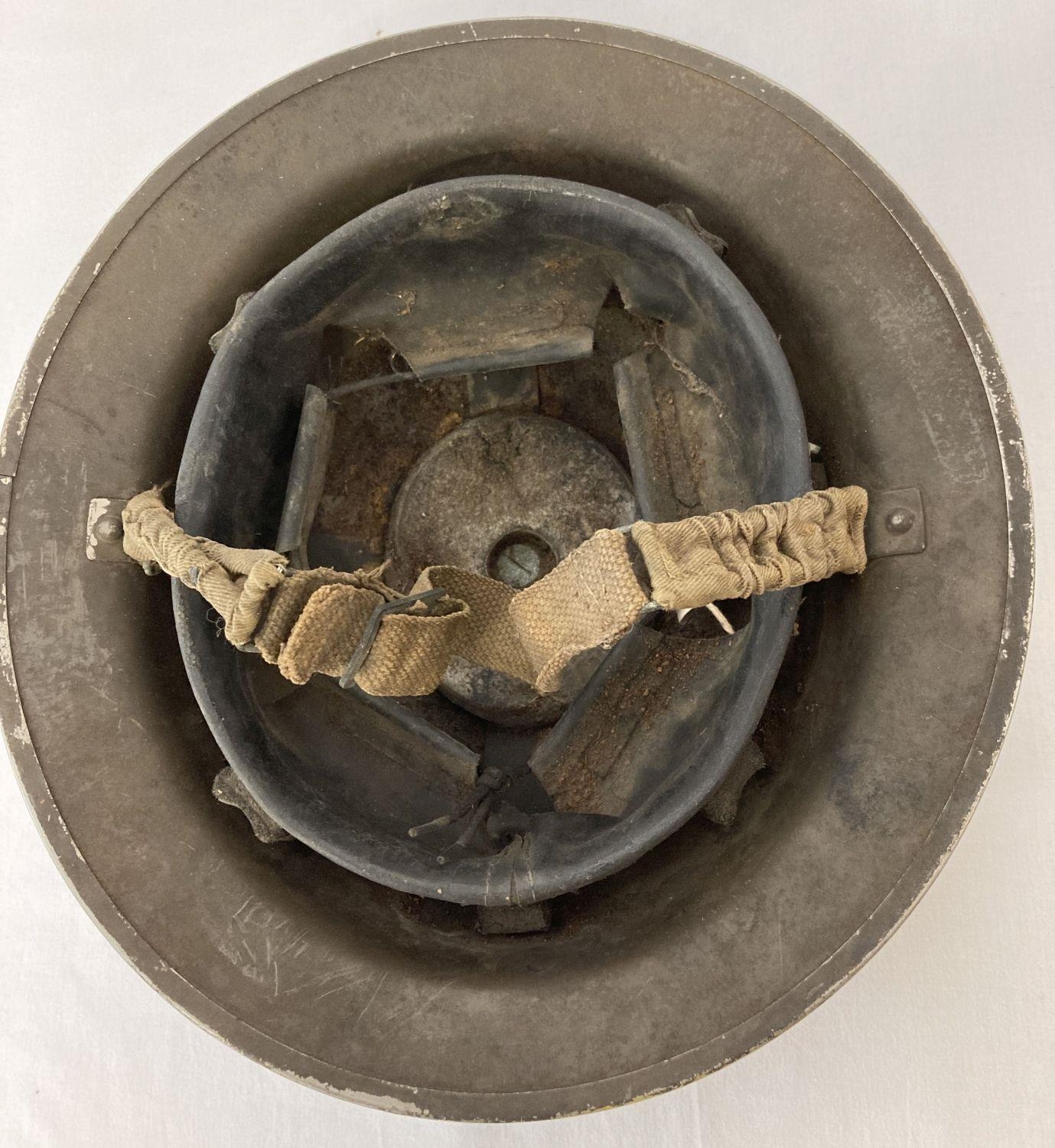 British MkII steel helmet painted khaki with stencilled 'LMS' (London Midland Scottish Railway). - Image 4 of 7