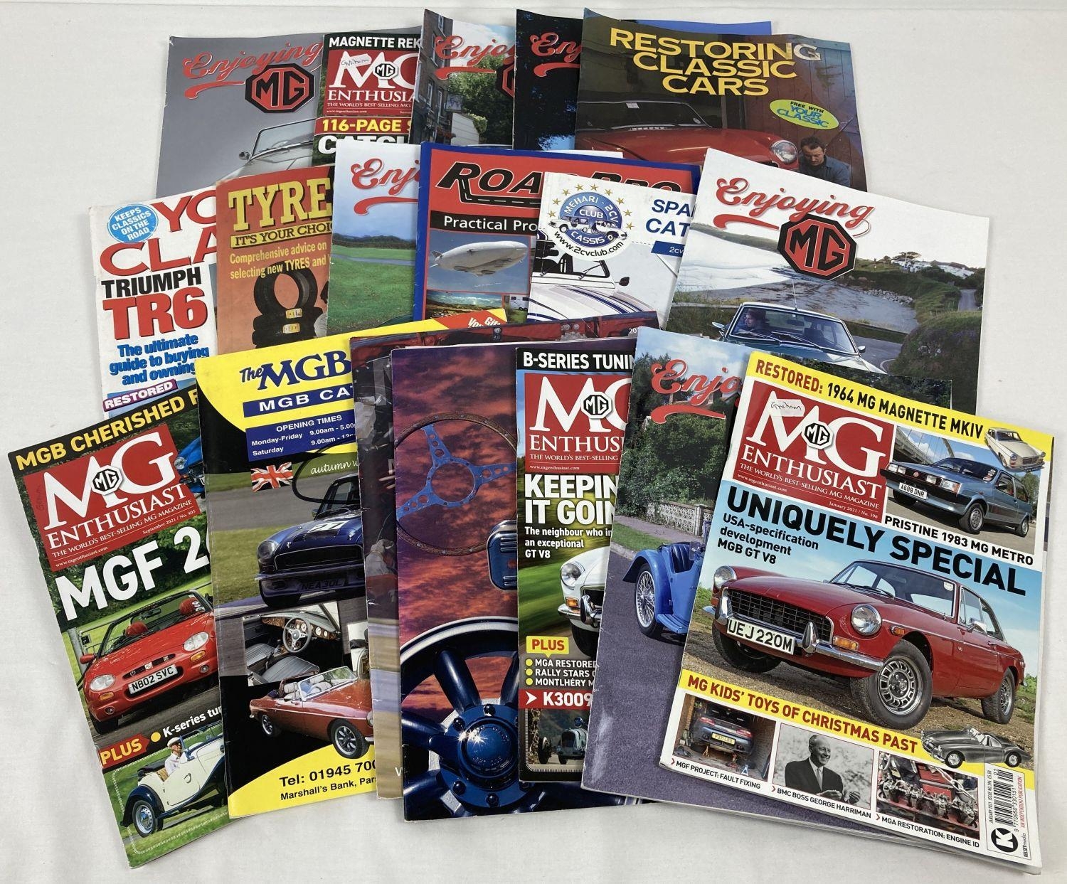 A collection of classic car magazines and catalogues, mostly MG related.