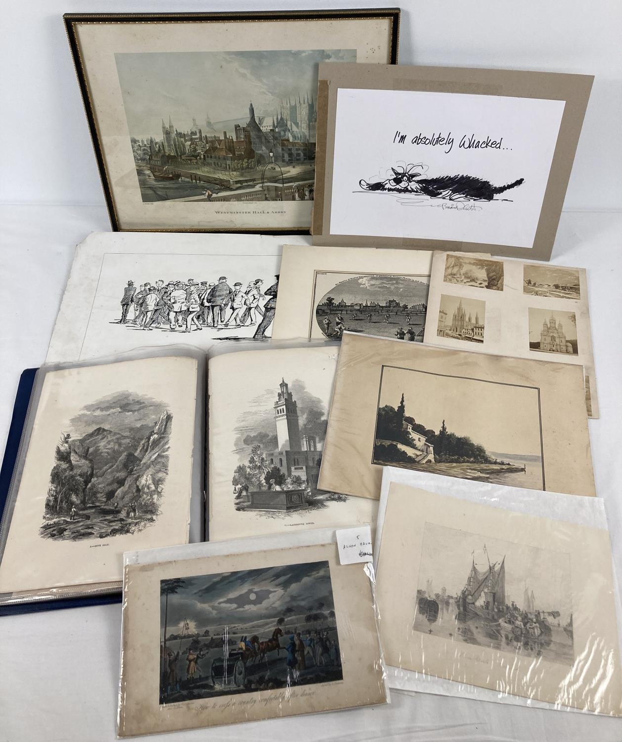 A collection of vintage & antique etchings, prints, photographs and sketches to include